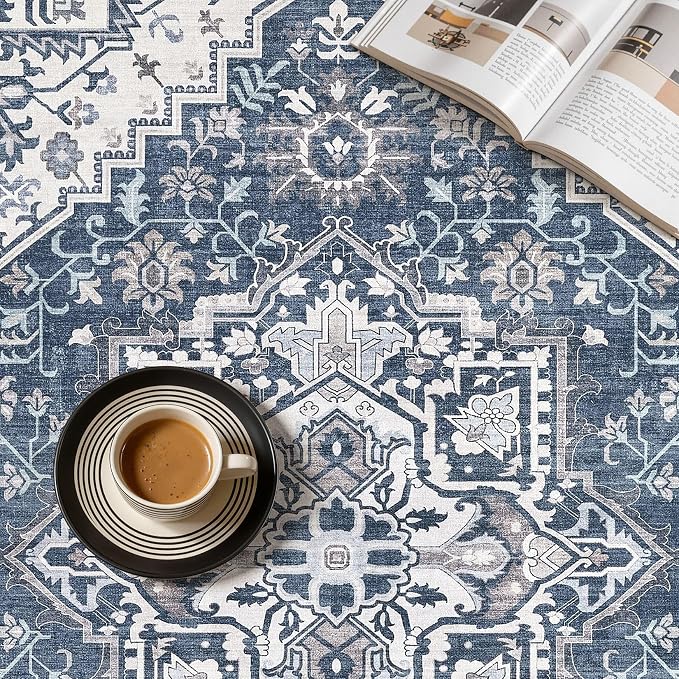 UERMEI 6x9 Area Rug for Living Room - Washable Vintage Carpet, Non-Slip Soft Large Indoor Floor Rugs for Bedroom Home Office & Under Dining Table Decor, Denim Blue/White
