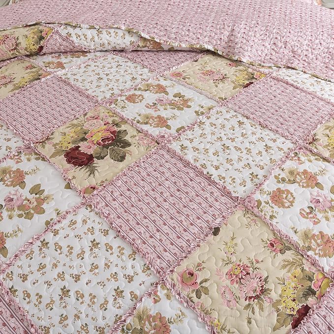 Quilt Set King Size, Bedspread Sets Pink Botanical Floral, Reversible Quilt Bedding Set Lightweight and Breathable for All Seasons, Soft Quilted Bedspread with 2 Pillow Shams