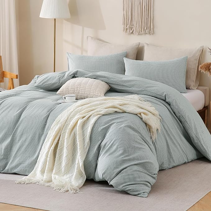 TOCOMOA Mini Gingham Green Duvet Cover Set Washed Cotton Like Linen, King | 100% Washed Cotton Linen-Like Feel Soft, Breathable & Comfy. Lightweight Bedding Set with Zipper & 8 Ties. 3 Pcs, No Insert