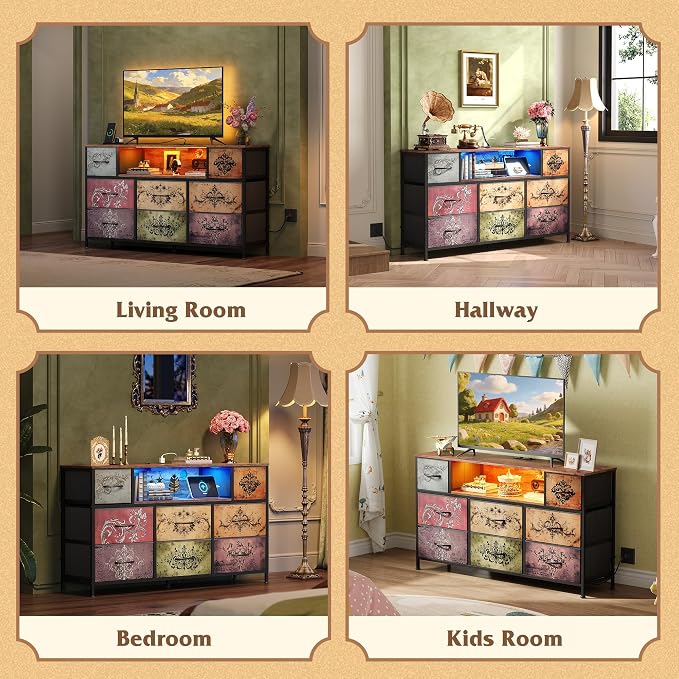 WLIVE LED Dresser TV Stand for 55 Inch TV, 8 Drawers, Pattern | Fits TVs up to 55 inch, 8 fabric drawers, LED chest of drawers, Built-in power outlet, Living room or bedroom
