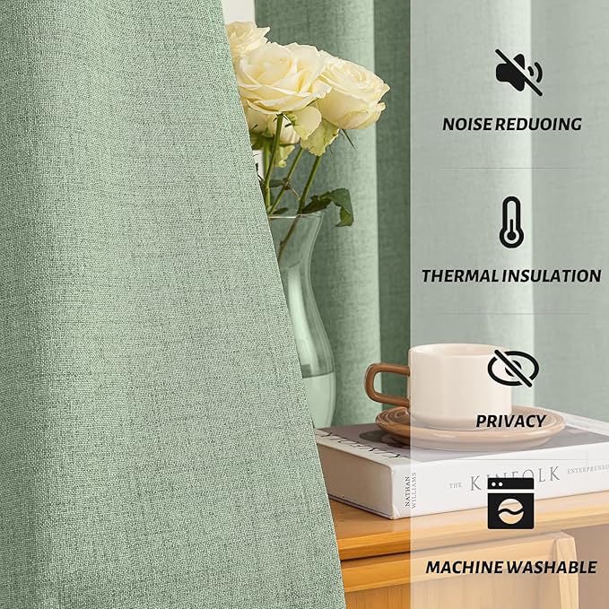 Yakamok 96 Inch Light Sage Green Linen Texture Curtains for Living Room | 100% Blackout Curtains,Room Darkening Curtains,Thermal Grommet Bedroom Curtain 2 Panels with Greyish White Liner,52W x 96L