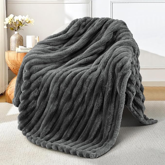 Exclusivo Mezcla Striped Fleece Throw Blanket for Couch, Sofa, Bed, 50"x60" | Soft Breathable Cozy Bed Blankets, Lightweight Plush Fluffy Fuzzy Jacquard Decorative Blankets