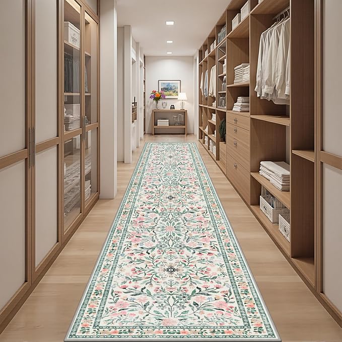 PLHXFR 2.6x14 Washable Runner Rug：Floral Indoor Kitchen Carpet Green Beige | For Hallway Bedroom Kitchen Laundry Bathroom Dorm,Vintage Floral,Machine washable,Non Slip,Stain Resistant,Indoor Floor