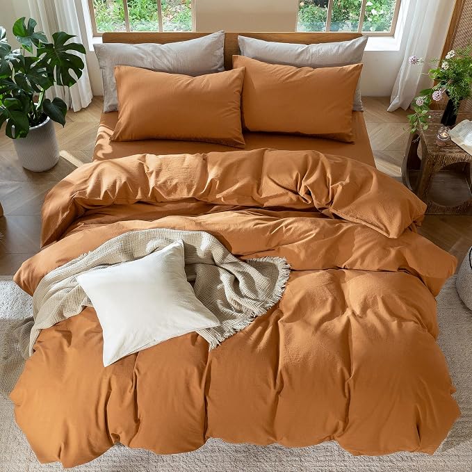MooMee Duvet Cover Set 100% Washed Cotton Linen Like Super Queen | Relaxed Linen-like Texture. Soft, Breathable & Long-lasting Comfort. Lightweight. Hidden Zipper with 8 Interior Corner Ties