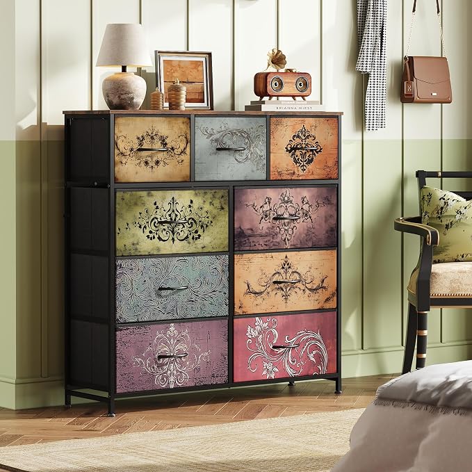WLIVE Tall Dresser for Bedroom, 9 Drawer Chest of Drawers, Pattern | 9 roomy fabric drawers, Tall storage design, Bedroom or closet use, Sturdy steel frame, Smooth wood tabletop