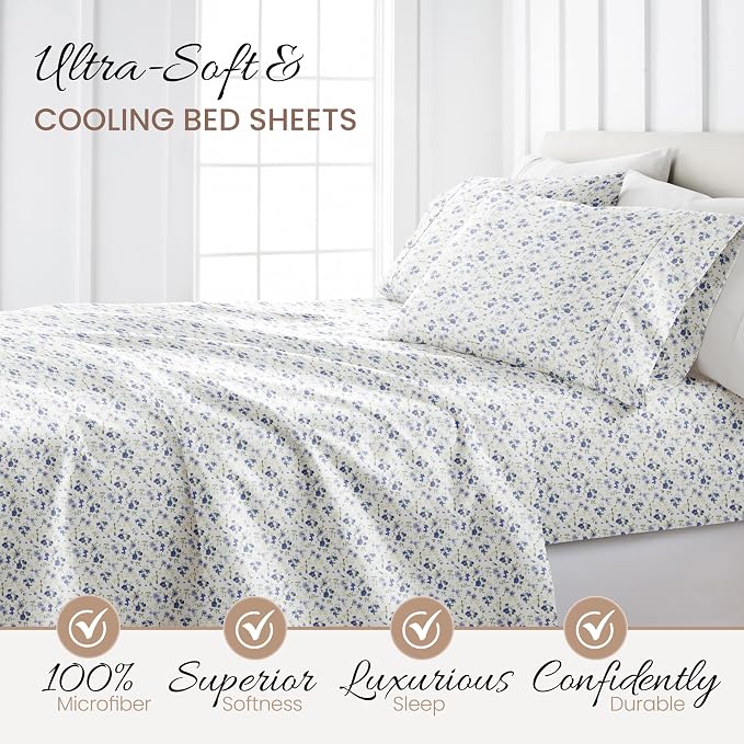 Linen Market 4 Piece Queen Sheet Set - Breathable, Double-Brushed Patterned Cooling Sheets – Ultra Soft & Wrinkle-Free 16" Deep-Pocket Queen Sheets - Easy Care Blossoms Light Blue