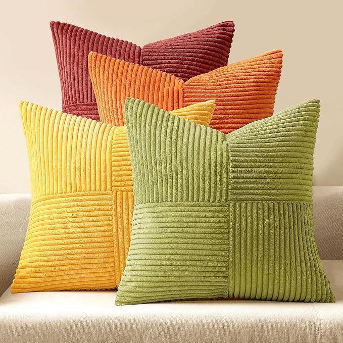 MIULEE Fall Burnt Orange Decorative Throw Pillow Covers 20x20 Inch Set of 4 Boho Color-Clash Cushion Covers Modern Farmhouse Pillow Cases Corduroy Striped Home Decor for Couch Sofa Bed