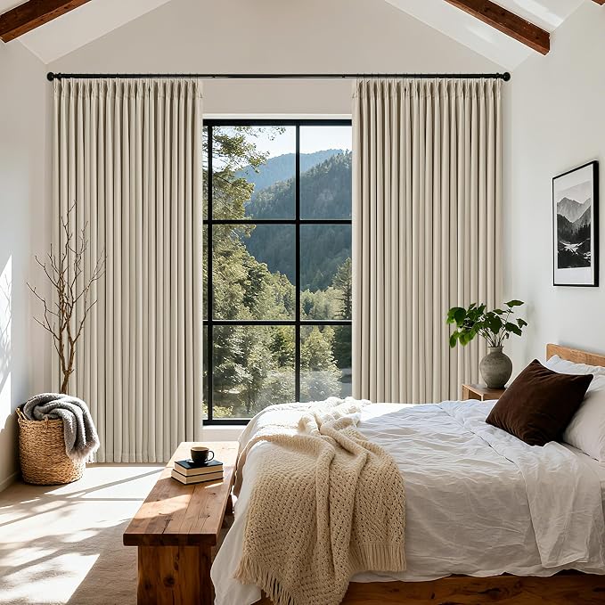 Oatmeal Beige 70 Inch Extra Wide 100% Blackout Curtain 84 Inches Long | Pinch Pleated with Back Tab, Thick Linen with Liner, Thermal Black Out for Living Room Bedroom Large Window, 70x84 1 Panel