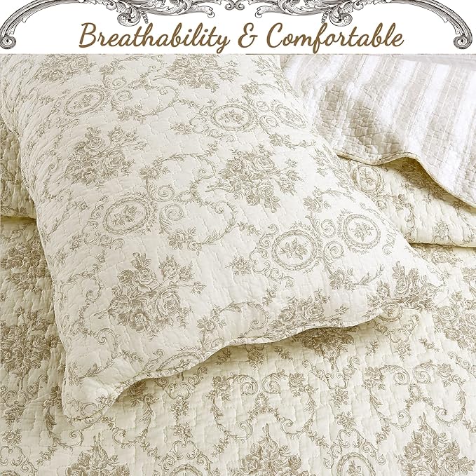 Cozy Line Home Fashions French Medallion 100% Cotton Bedding Quilt Set, Beige Ivory Rose Flower Reversible Coverlet Bedspread (Cream Eggnog, Queen -3 piece)