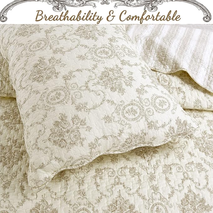 Cozy Line Home Fashions French Medallion 100% Cotton Bedding Quilt Set, Beige Ivory Rose Flower Reversible Coverlet Bedspread (Cream Eggnog, King - 3 piece)
