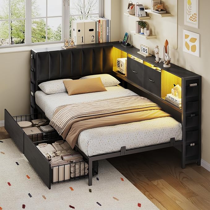 MapleGrace Twin Corner Bed Frame with Upholstered Storage Headboard and Drawers, Metal Platform Bed Frame with LED Light and Charging Station, Twin Daybed for Living Room, Bedroom & Guest Room, Black