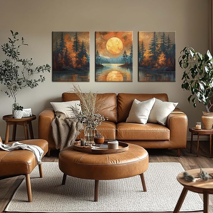 Framed Gold Mountain Forest Sunset Landscape Wall Art Set of 3, Abstract Boho Lakeside Forest Sunset Wall Decor, Vintage Nature Landscape Canvas Prints Poster for Living Room Bedroom Office 12x16 Inch