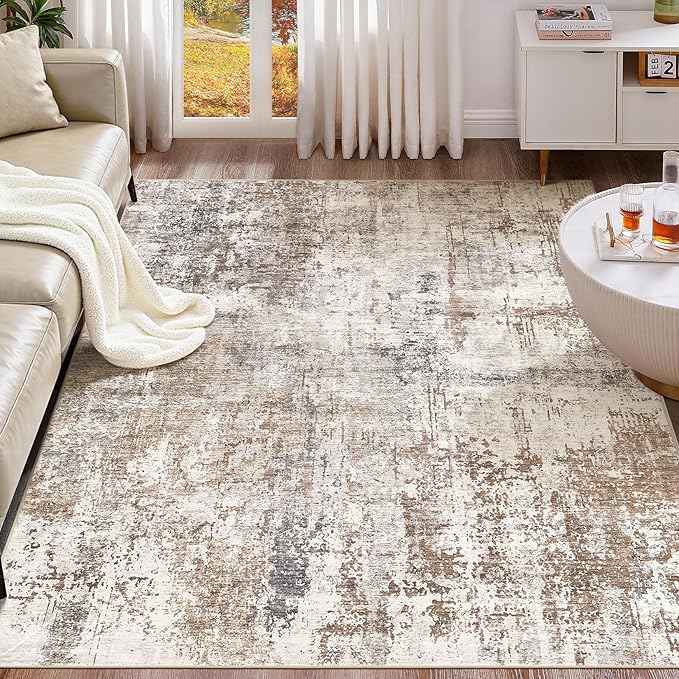 UERMEI 10x12 Washable Area Rug - Neutral Modern Abstract Living Room Rugs, Non-Slip Soft Large Indoor Floor Carpet for Bedroom Home Office & Under Dining Table Decor, Brown/Grey/Red