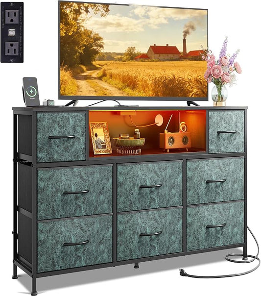 WLIVE Dresser TV Stand for 55 Inch TV, 8 Drawer LED Dresser, Vintage Green | Fits TVs up to 55 inch, 8 fabric drawers, Built-in power outlet, Chest of drawers, Living room or bedroom