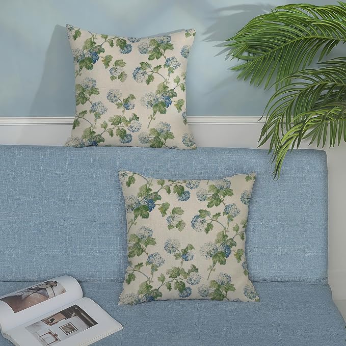 Blue Green Floral Pillow Covers 18x18 Inch 2 Pcs Vintage Flower Decor Throw Pillows Hydrangea Seasonal Spring Summer Outdoor Farmhouse Decoration Pillowcase Linen Cushion Cover for Couch Sofa Bed
