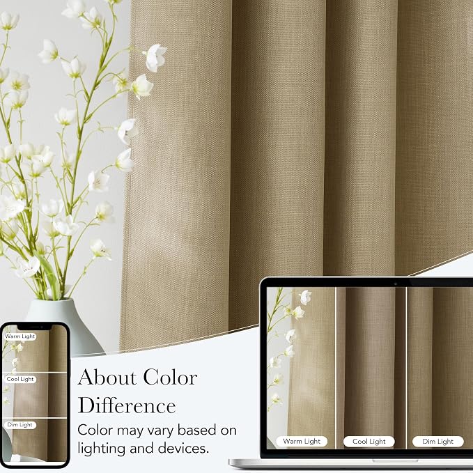 NICETOWN Short Faux Linen Oatmeal Blackout Curtains W42 by L63 | Privacy Panels for Living Room Bedroom, Modern Farmhouse Style, Easy Care, Grommet Top, 2 Panels