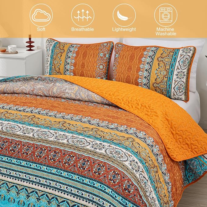 WONGS BEDDING Orange Quilt Queen Size, Boho Stripe Bedding Set, 96"x90" | Lightweight Soft Bedspread Coverlet,Modern Style Bohemian Pattern Bed Cover for All Seasons,3 Piece(1 Quilt,2 Pillow Shams)