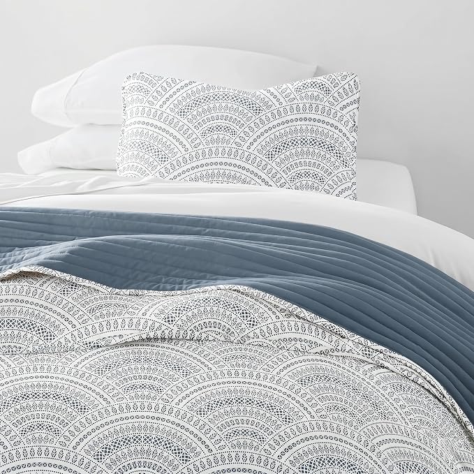 Merit Linens Soft Quilt Coverlet Bedding Set - Pattern/Solid Reversible - Twin/TwinXL Dusk Blue