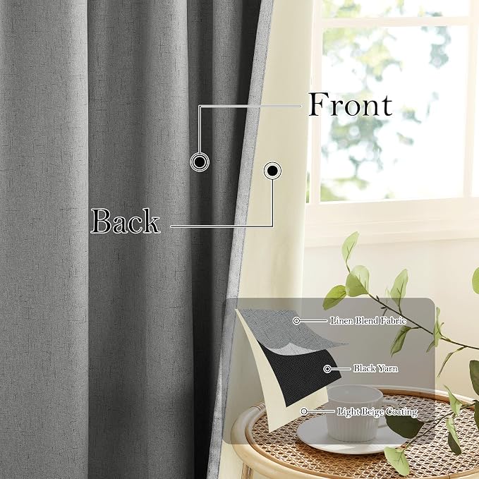 RYB HOME Grey Linen Blackout Curtains for Sliding Glass Door, 100% Blackout Linen Textured Thermal Privacy Modern Drape Panels for Dining Room Large Window, 52" W x 108" L, 2 Panels Set