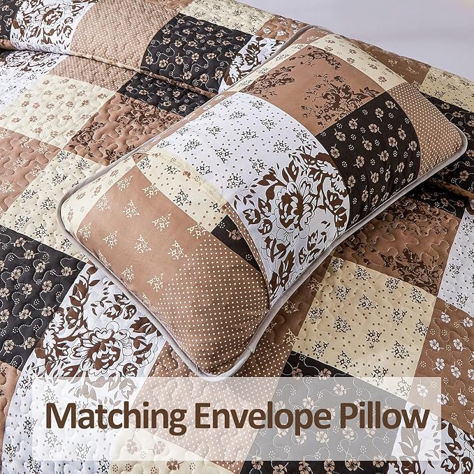 Mybedsoul Brown Quilt Set Full Size, Patchwork Floral Bedding Set | Soft Lightweight Microfiber Coverlet Set, 3 Pieces Plaid Reversible Bedspread, Bed Sets for All Seasons 78"x90"