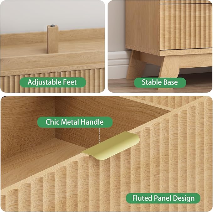 Fluted Dresser for Bedroom with 7 Drawers, 48" Wide Modern Chest of Drawers with Metal Handle, Wood Dresser TV Stand, Wooden Closet Clothes Storage Organizer for Living Room, Hallway, Natural Oak