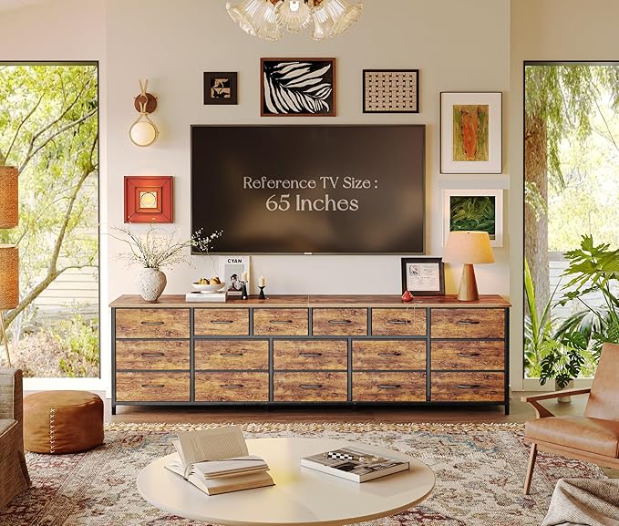 Huuger 77.6" Long Dresser for Bedroom, 16 Drawer Fabric Dresser for Closet, Wide Chest of Drawers with Storage, TV Stand for 65, 75, 85 Inch TV, 77.6" W x 13" D x 26.4" H, Rustic Brown