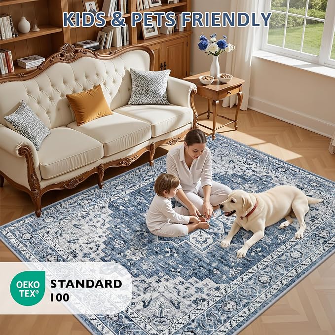 6x9 Area Rugs Living Room: Washable Vintage Rug for Bedroom Blue | Boho No Slip Stain Resistant Rug Soft Indoor Decor Floor Floral 6x9 Area Rugs for Dining Room, Nursery, Hallway, Home Office