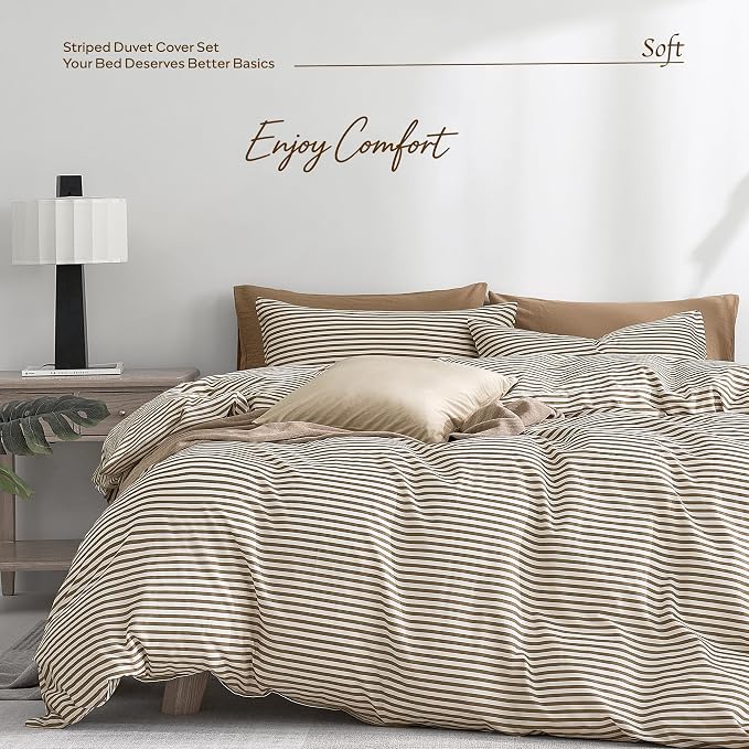 JELLYMONI 100% Cotton Classic Striped King Duvet Cover Set, Tan/White | Breathable Softness, Oeko-Tex Certified, Classic Stripes, 8 Corner Ties & Double Hidden Zipper