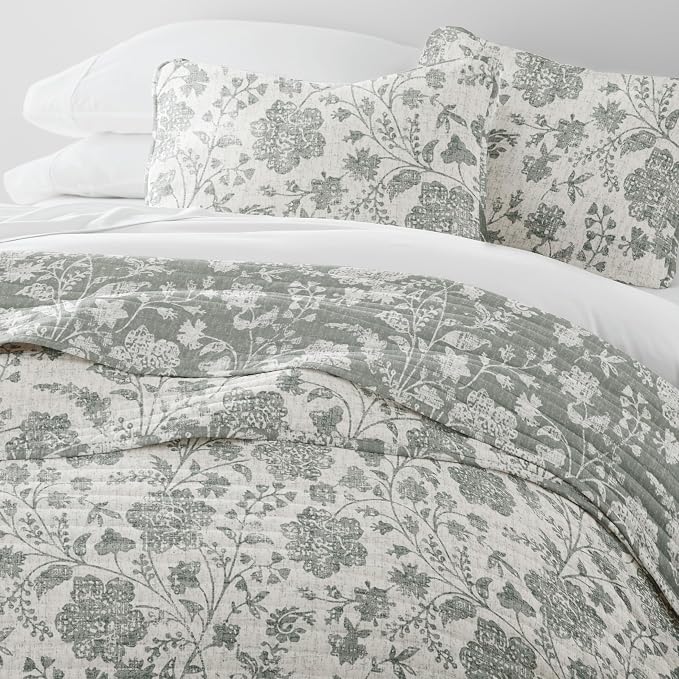 Merit Linens 3 Piece Quilt Set - Super Soft - Lightweight - All Season Quilted Coverlet - Floral Patterns - Full/Queen Eucalyptus