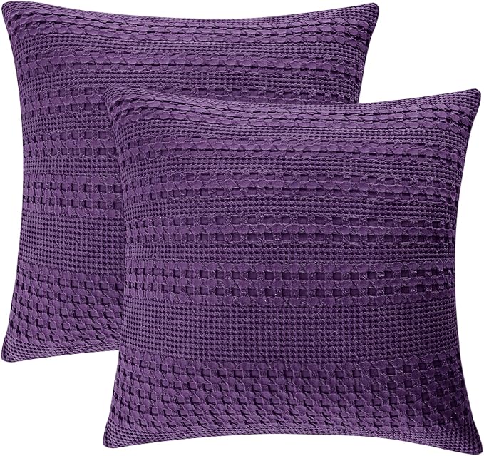 PHF 100% Cotton Waffle Weave Euro Sham Covers, 2 Pack 26" x 26" Bed Pillow Covers for Elegant Home Decor, No Filling, Luxury Aesthetic Soft Euro Pillow Cases for Bed, Grape
