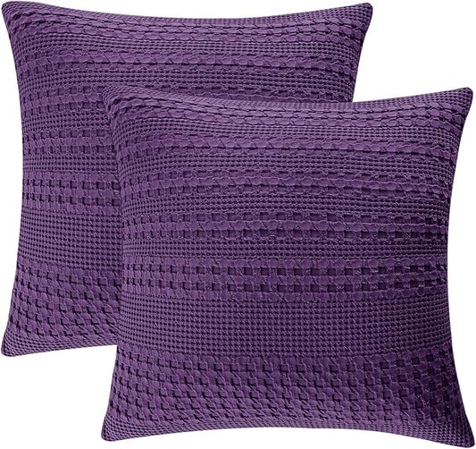 PHF 100% Cotton Waffle Weave Euro Sham Covers, 2 Pack 26" x 26" Bed Pillow Covers for Elegant Home Decor, No Filling, Luxury Aesthetic Soft Euro Pillow Cases for Bed, Grape