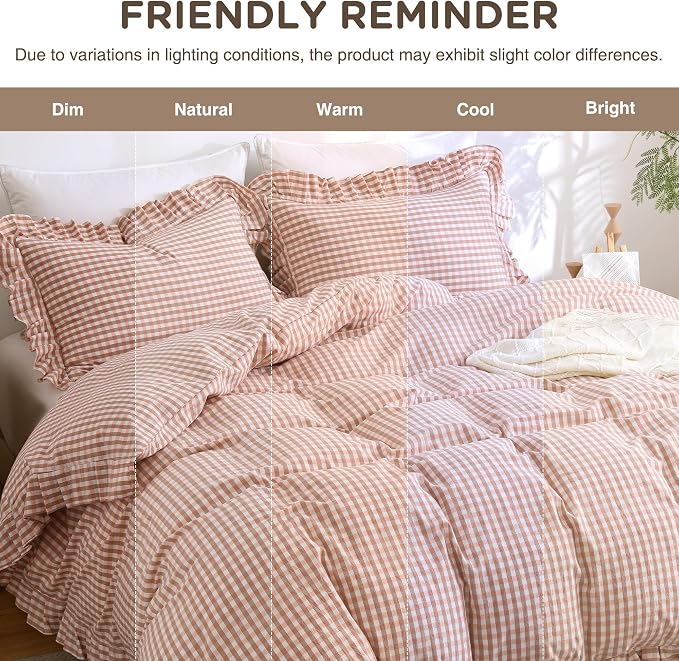 ATsense Pink Brown Gingham Ruffle Duvet Cover Set Cotton Like Linen, Queen | 100% Washed Cotton Linen-Like Feel Soft, Breathable & Comfy. Fall Farmhouse Bedding Set, Zipper & 8 Ties. 3 Pcs, No Insert