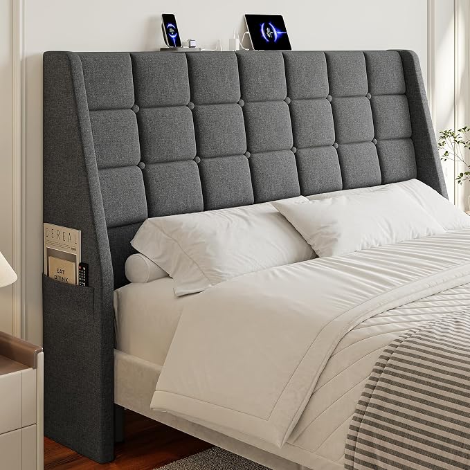 Queen Size Headboard with Charging Station, Wingback Ergonomic Headboards | Wingback Upholstered Bed Head Board with Storage Pocket, Sturdy Stable Solid Wood Headboard, Bed Frame Adapters, Dark Grey