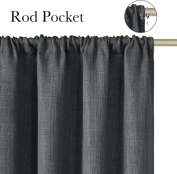 NICETOWN Charcoal Gray Faux Linen Room Darkening Rod Pocket Curtains 63 inch Length, W42 x L63, Light Blocking Thermal Insulated Noise Reducing Drapes for Bedroom Living Room Farmhouse Decor, 2 Panels