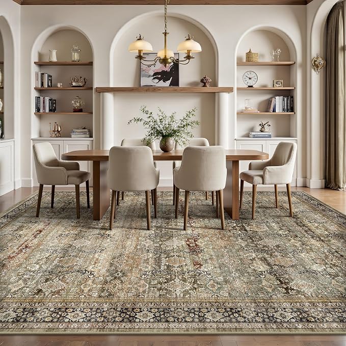 10x14 Area Rugs for Living Room - Washable Vintage Retro Large Rug, Soft Ultra Thin Non Slip Low Pile Traditional Distressed Boho Carpet for Bedroom Dining Room Home Office, Charcoal Olive