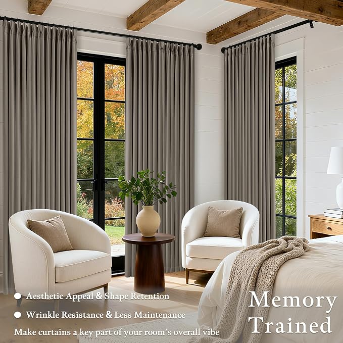 Dark Taupe Linen Blackout Pinch Pleated 108 Inch Curtains for Living Room | Pinch Pleat, Room Darkening 100% Black Out, Thermal Insulated, Soundproof, Brownish Gray 108 Inch Curtain for Dining Bedroom