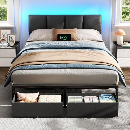 Full Size Bed Frame with PU Upholstered Headboard and 2 Drawers | Metal Platform Bed with Charging Station, LED Light and Fabric Storage Drawers, Noise Free, No Box Spring Needed, Black