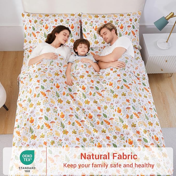 Softan Orange Floral Queen Size Sheet Set, Printed Microfiber Fitted Sheet with 15" Deep Pockets & Non-Slip Straps, Maple Leaves & Mushroom Patterned Bedding Sheets & Pillowcase Set