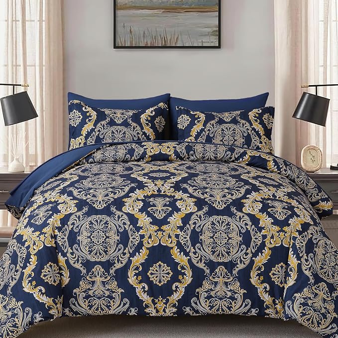 WONGS BEDDING Blue Gold Comforter Set Queen Size,Damask Texture 7 Pieces Bed in a Bag Microfiber Comforter Bedding Sets -1 Comforter, 1 Flat Sheet, 1 Fitted Sheet, 2 Pillow Shams, 2 Pillowcases