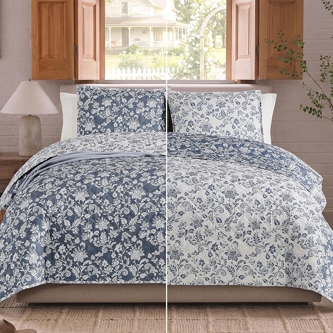 King Quilt Set-3 Pieces Soft Bedding Floral Reversible Coverlet | All Seasons Lightweight Quilts Queen Size for Bed, Breathable Vintage Bedspread with Shams, Oxford Blue