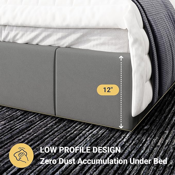 Allewie Queen Size Dutch Velvet Upholstered Platform Bed Frame/Vertical Channel Tufted Adjustable Headboard/Low Profile Bed Frame/No Box Spring Needed/Easy Assembly/Grey