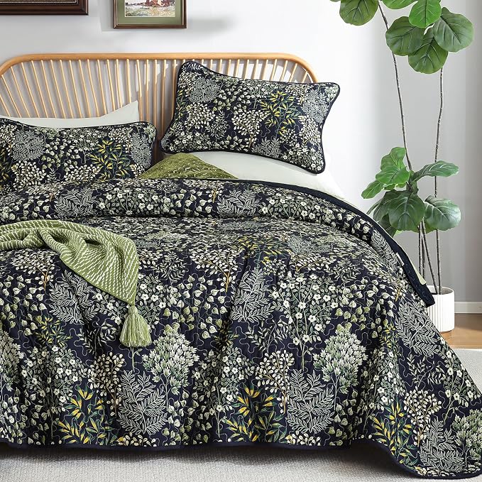 WONGS BEDDING Floral Quilt Set King, 3 Pcs Navy Blue Bedspread Coverlet | Botanical Print Quilt Set for Spring Summer, Lightweight Microfiber Farmhouse Quilted Bed Cover for Guest Room 110"×90"