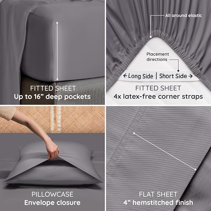 Bambaw 100% Viscose Derived from Bamboo Sheets California King Size Set – 4pcs Cooling Sheets For Night Sweats, Extra Soft Sheet Set, Deep Pocket Fits Up to 16'' With Elastic Corner Straps (Dark Gray)