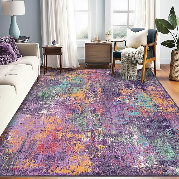 RELEANY Washable 9'x12' Abstract Area Rug for Living Room Purple Multi | Carpet for Bedroom, Kitchen, Office, Hallway and Entryway, Printed Pattern, Non‑Slip, Soft, Stain‑Resistant, Easy to Clean