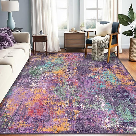RELEANY Washable 9'x12' Abstract Area Rug for Living Room Purple Multi | Carpet for Bedroom, Kitchen, Office, Hallway and Entryway, Printed Pattern, Non‑Slip, Soft, Stain‑Resistant, Easy to Clean