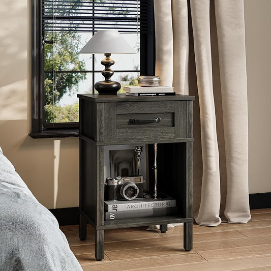 Farmhouse Nightstands with Drawer, Small Wooden Side Table, Modern Bedroom Night Stand, Wood Night Table, Grey Bedside Table with Storage, End Table for Living Room LET512GW