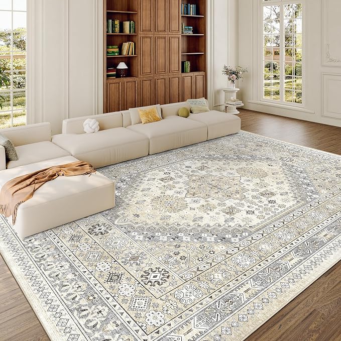 8x10 Area Rugs for Living Room,Large Washable Rug,Beige | Rugs for Bedroom,Dining Room,Office,Low Pile,Soft, Vintage Rug,Stain Resistant Indoor Carpet,Non Slip,Home Decor