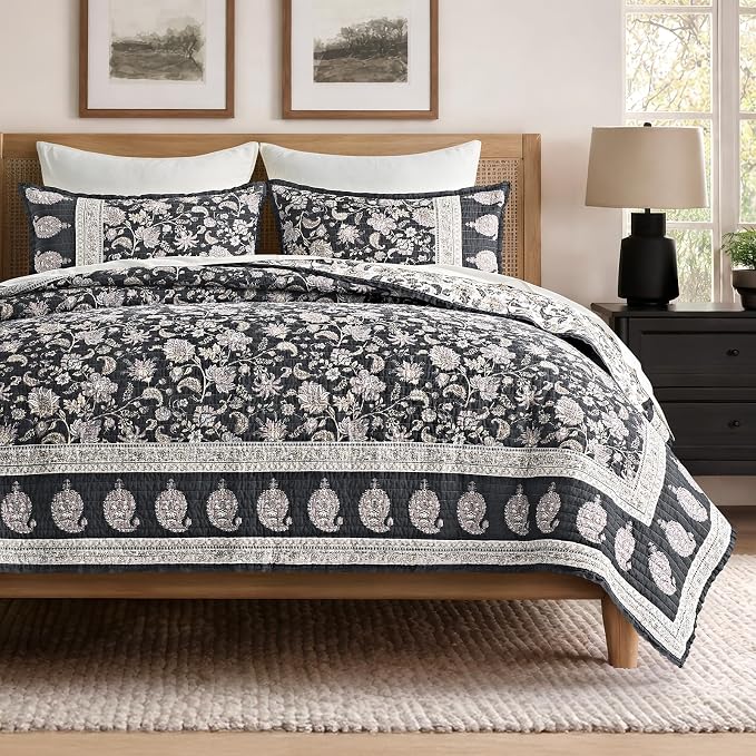 100% Cotton Floral Quilt Set, Queen Size, Dark Charcoal 92"×96" | Reversible Lightweight Bedspread Coverlet, Vintage Floral Farmhouse Bedding, Traditional Botanical Quilt with 2 Pillow Shams