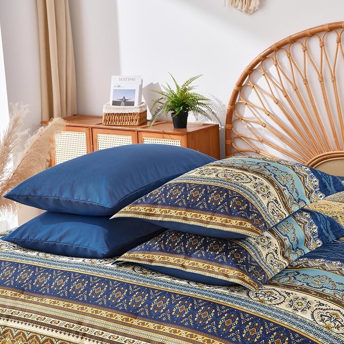 Cottolester Boho King Comforter Set Brown Blue Striped Bed in A Bag | 8 Piece Bohemian Comforter,Paisley Striped Bedding Sets,Soft Microfiber Bedding Set for All Season