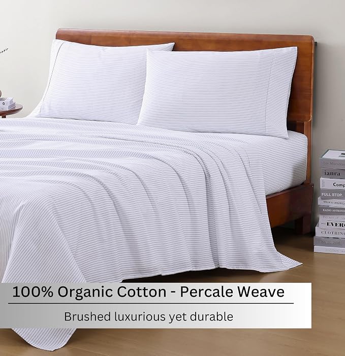LANE LINEN Twin Sheet Set 100% Organic Cotton Cooling Soft - Ticking Stripe | 100% Organic Cotton Percale Twin Sheet Set - Affordable Organic Luxury, Honest-Price Organic Quality, For Hot Sleepers
